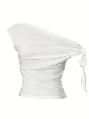 White One-Shoulder Tie-Sleeve Blouse